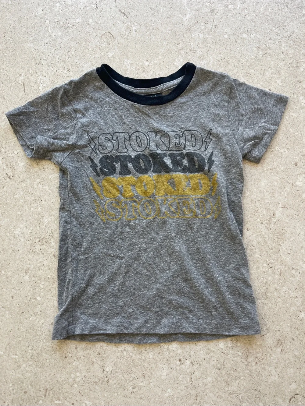 Gray 'Stoked' Graphic Ringer Tee with Navy Trim